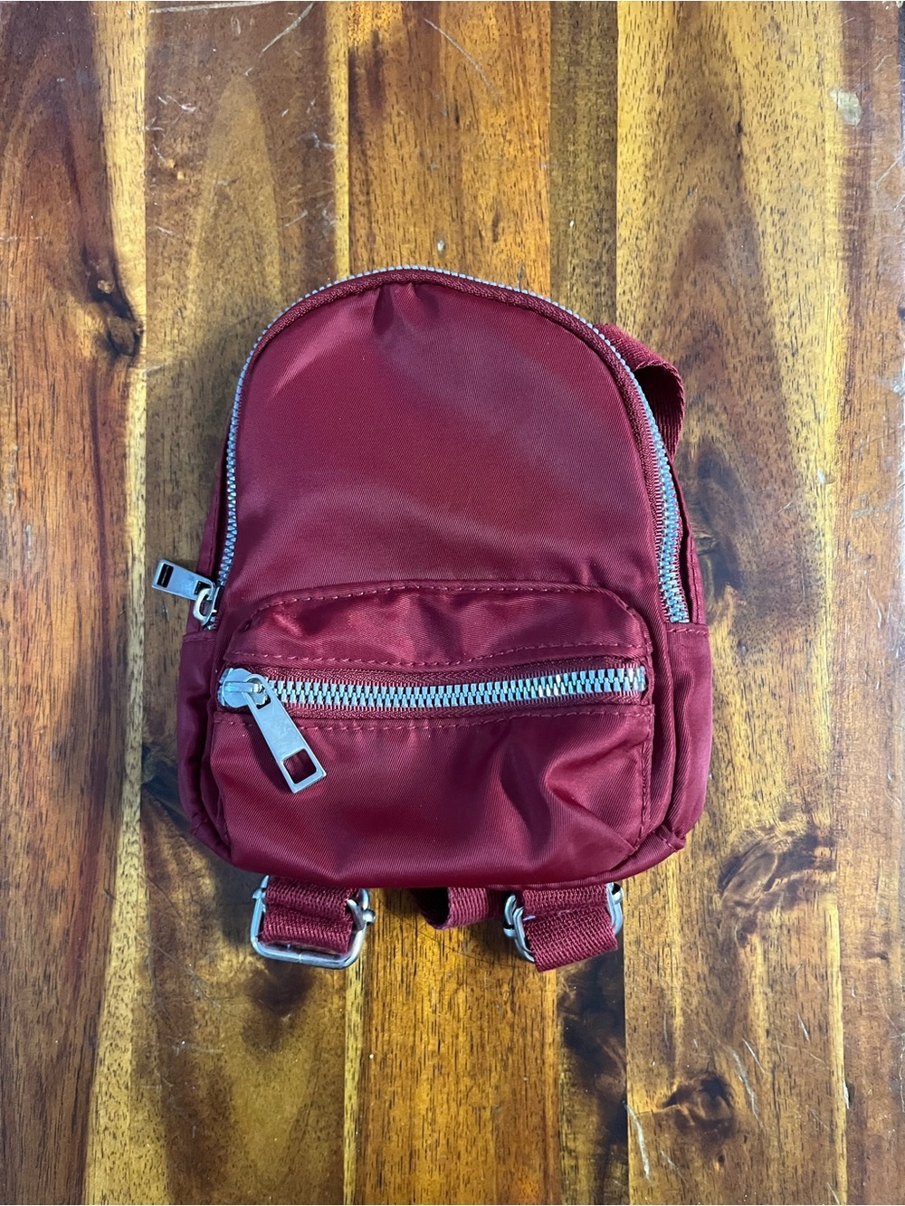 Burgundy Red Mini Backpack Small Nylon Bag Silver Zippers Adjustable Straps